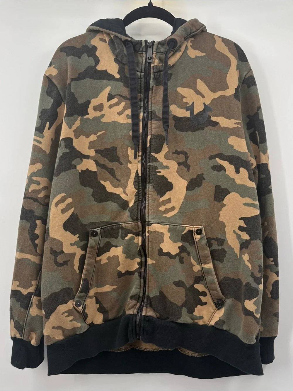 True Religion Men's Camo Zip-Up Hoodie in Olive Green, Tan, Black